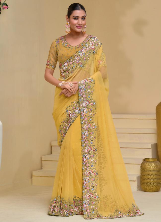 Pure Banarasi Tuscany Yellow Wedding Wear Moti Work Saree